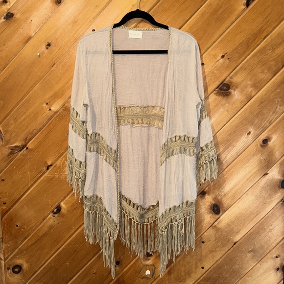 Dreamers tan hippie boho fringe swim coverup/cardigan - Picture 1 of 6